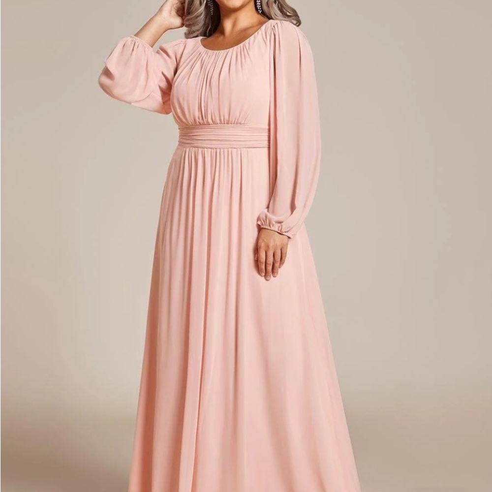 Ever Pretty Chiffon Pink Long Sleeve Gown with Bishop Sleeves and Scoop Neck